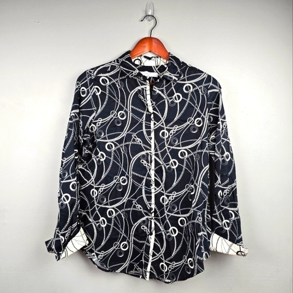 FOXCROFT Non-Iron Button-up Dress Shirt Chain Print Black White Womens Size 6 - Picture 1 of 10